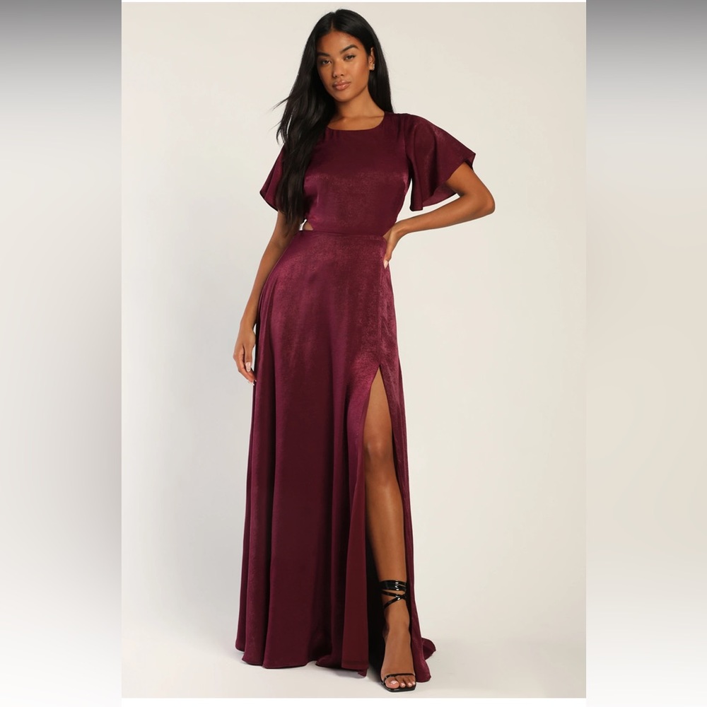 Lulus Garden Bliss Burgundy Satin Cutout Maxi Dress